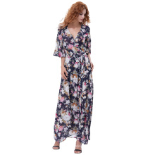 Kate Kasin Sexy Damen Sommer 3/4 Ärmel V-Ausschnitt Tie-Taille Split Maxi Chiffon Kleid KK000702-1